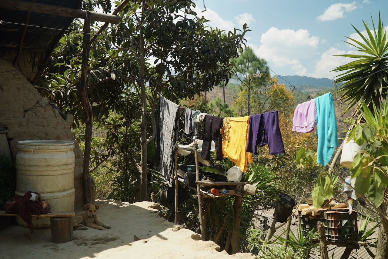 Clothes on a line outside a hillside house, a dog lying in the shade